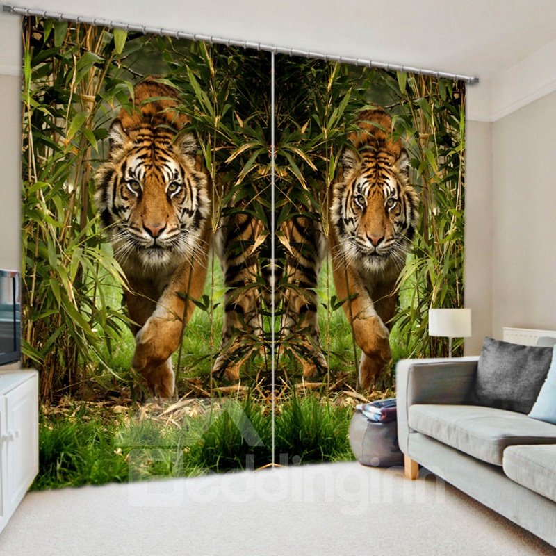 3D Two Symmetrical Tigers in Bamboo Forest Printed Window Decoration Light-Proof Curtain - Image 6