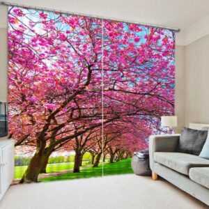 Path with Pink Flowers Tree 3D Printed Polyester Curtain