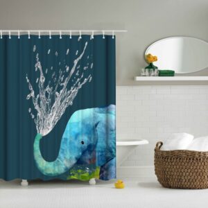 3D Mouldproof Water-Spraying Elephant Printed Polyester Blue Bathroom Shower Curtain