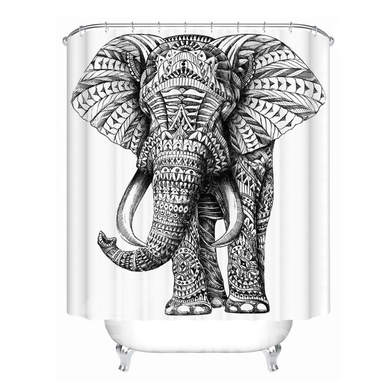 3D Mouldproof Elephant Printed Polyester Black and White Bathroom Shower Curtain - Image 2
