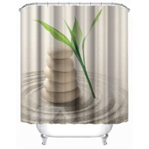 3D Bamboo Leaves and Stones Printed Polyester Bathroom Shower Curtain