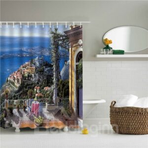 3D Oil Painting City Nearby the Sea Printed Polyester Bathroom Shower Curtain