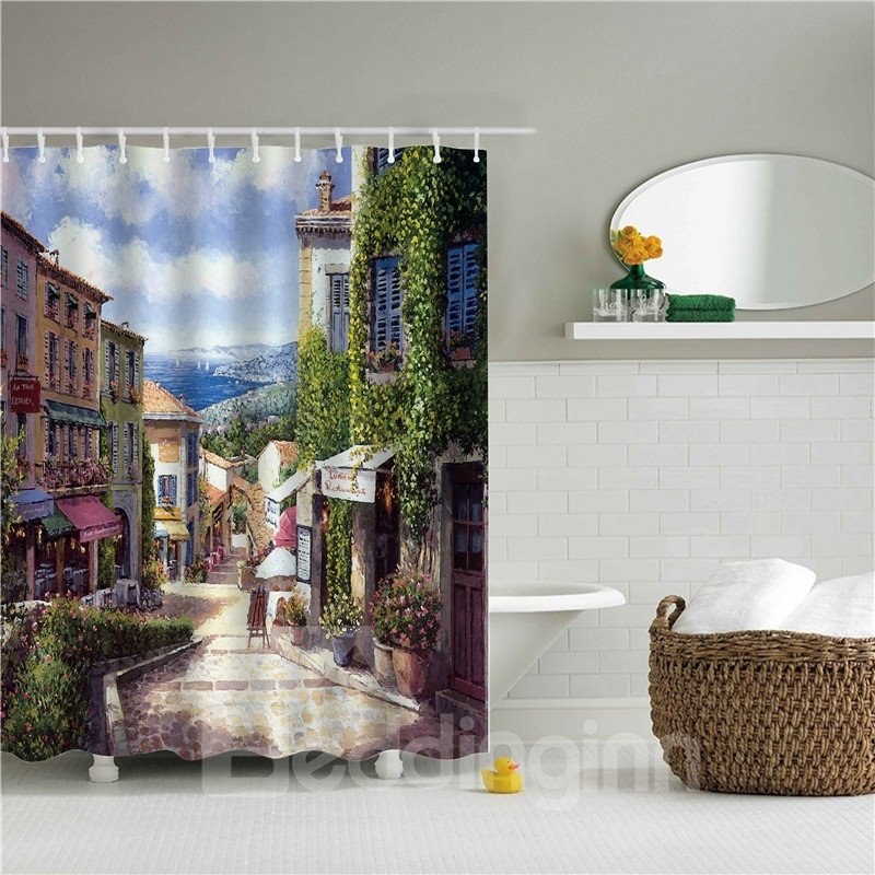 3D Oil Painting Quiet City Printed Polyester Bathroom Shower Curtain - Image 3