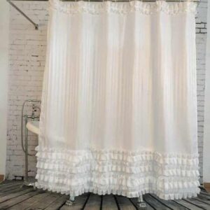 Lace Trimming Polyester White Bathroom Shower Curtain