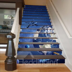 Spacecraft Flying in Blue Star Sky 3D Waterproof Stair Murals