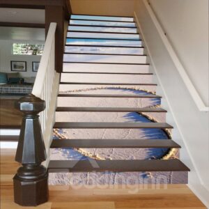 Heart Shape Drawn on The Beach 3D Waterproof Stair Murals