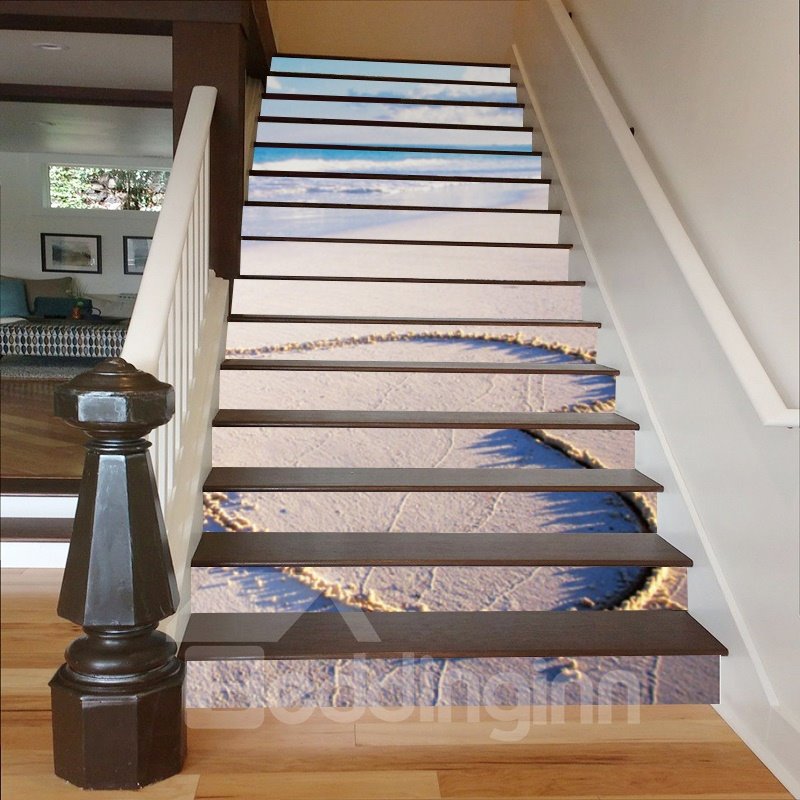 Heart Shape Drawn on The Beach 3D Waterproof Stair Murals