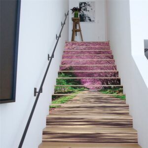 Cherry Trees on Both Sides of Wooden Path 13-Piece 3D Waterproof Stair Murals