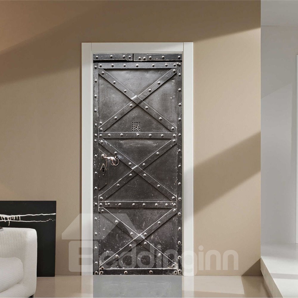 30¡Á79in Black Iron Door with Nails Pattern PVC Environmental and Waterproof 3D Door Mural