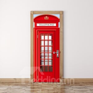 30¡Á79in Red Telephone Box with Plaids PVC Environmental and Waterproof 3D Door Mural