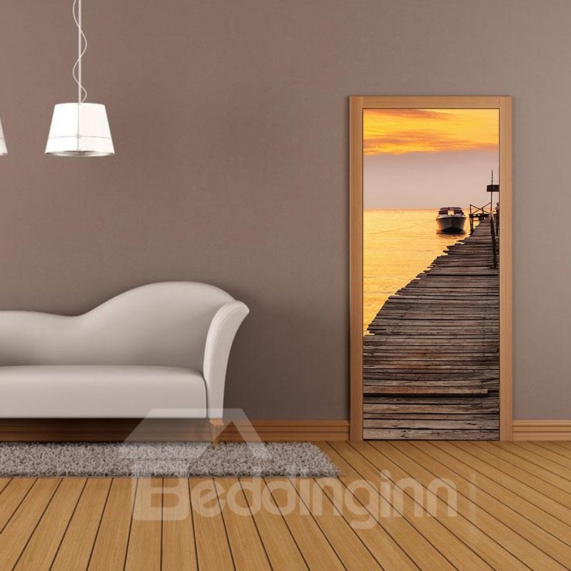 30¡Á79in Wooden Path above Yellow Lake PVC Environmental and Waterproof 3D Door Mural