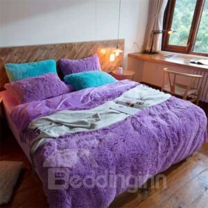 Full Size Solid Purple Princess Style 4-Piece Fluffy Bedding Sets/Duvet Cover