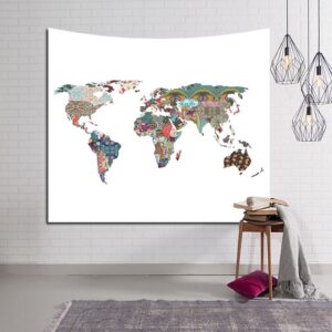 Colorful World Map Boho Chic Decorative Hanging White Wall Tapestry