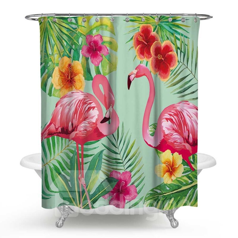 3D Waterproof Flamingos and Tropical Plants Printed Polyester Shower Curtain - Image 3