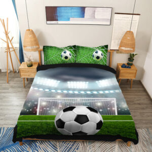 Soccer Bedding Set, Soccer Ball and Goal 4-Piece Duvet Cover Set Microfiber with Flat Sheet 2 Pillowcases