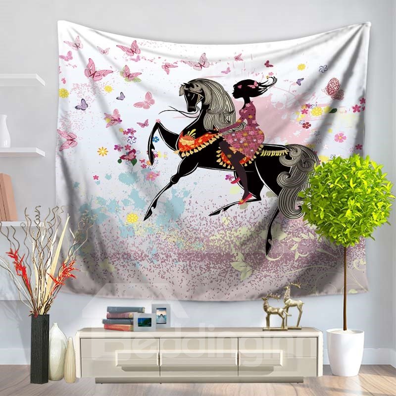 Butterflies and Floral Girl Riding Horse Romantic Style Decorative Hanging Wall Tapestry