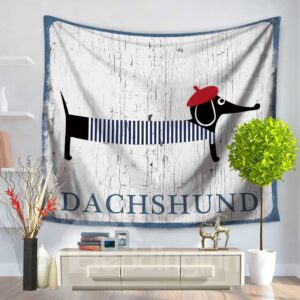 Cartoon Dachshund Dog with Red Chic Beret Pattern Decorative Hanging Wall Tapestry