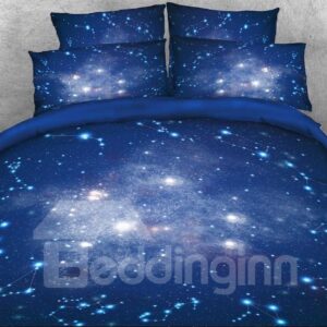 Galaxy and Constellation Printed 3D Duvet Cover Set 4-Piece Blue Bedding Sets Microfiber
