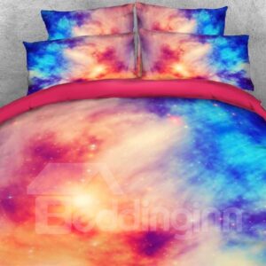 3D Pink Blue Contrast Galaxy Print 4-Piece Bedding Set/Duvet Cover Set Microfiber