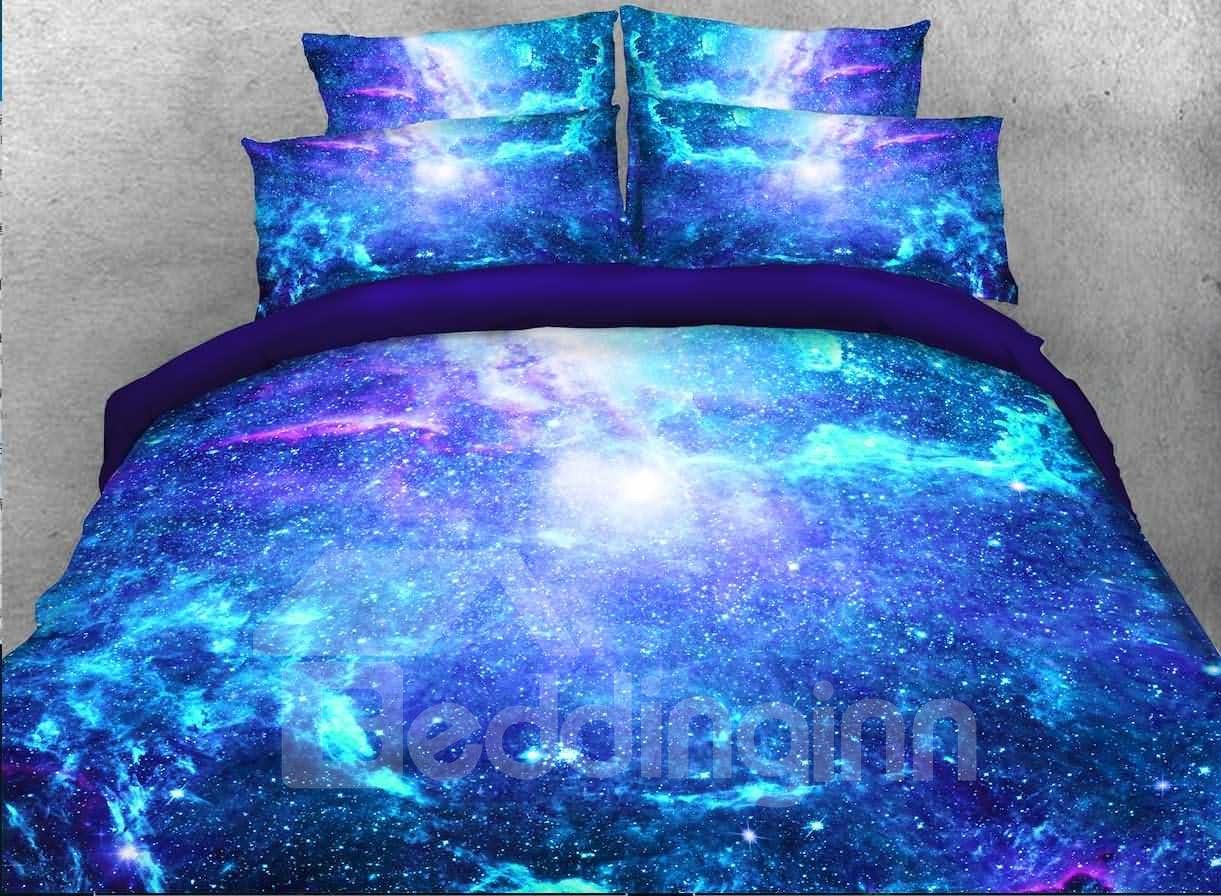 Space Galaxy 4Pcs 3D Blue Bedding Sets Duvet Cover with Zipper Closure