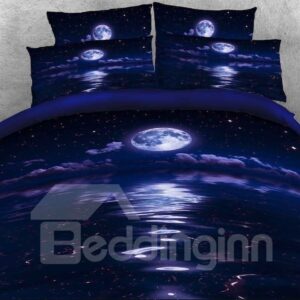 Galaxy and the Moon Night Printed 3D 4-Piece Bedding Set/Duvet Cover Set Blue