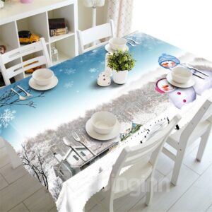 3D Snowman and Trees with White Snow Printed Pastoral Style Table Cover Cloth