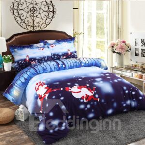 Monkey Santa and Snowflake Printed 4-Piece 3D Bedding Sets/Duvet Covers Microfiber Blue