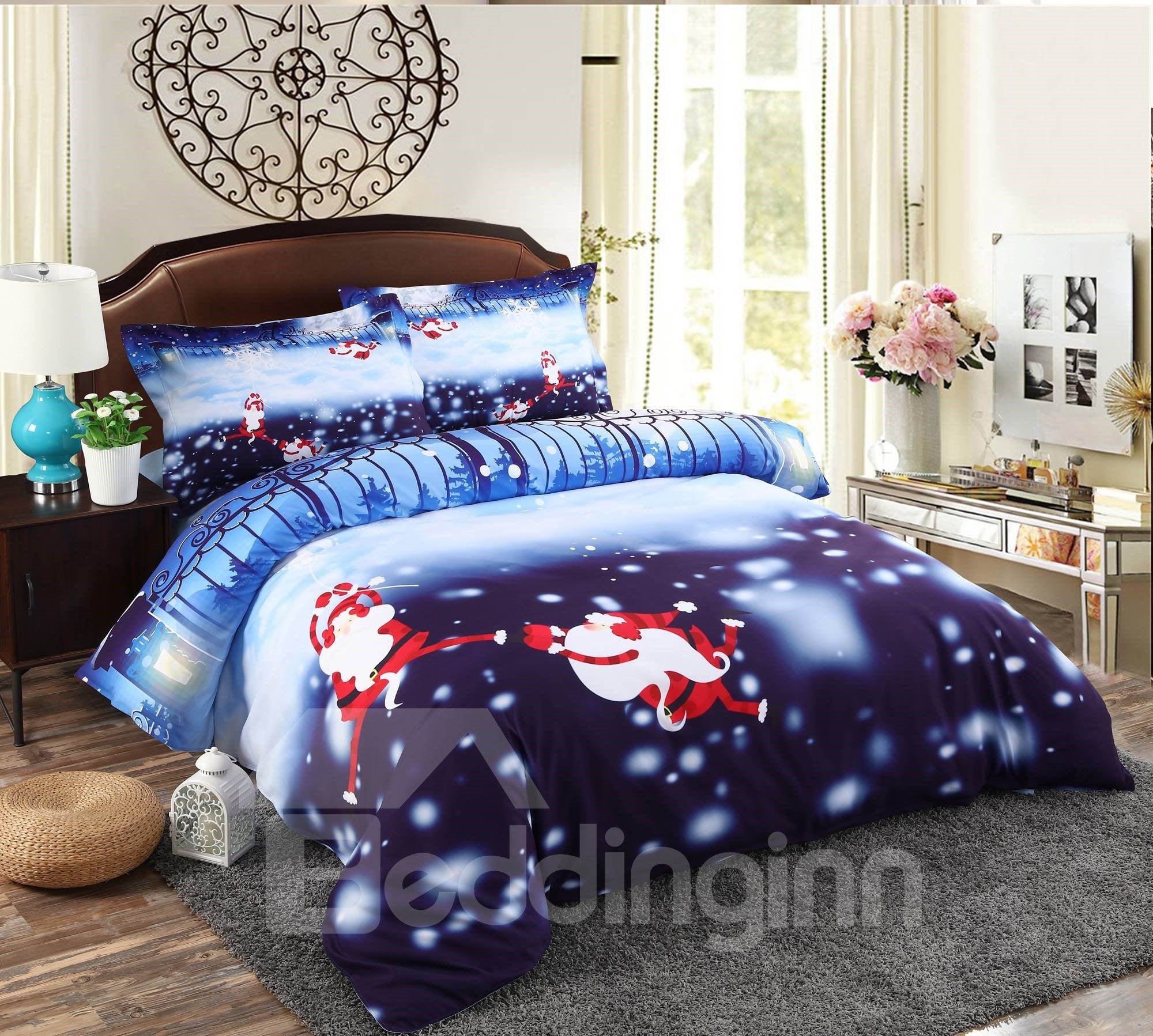 Monkey Santa and Snowflake Printed 4-Piece 3D Bedding Sets/Duvet Covers Microfiber Blue