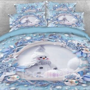 3D Snowman and Christmas Ornaments 4-Piece Bedding Set/Duvet Cover Set Blue Soft Skin-friendly Microfiber