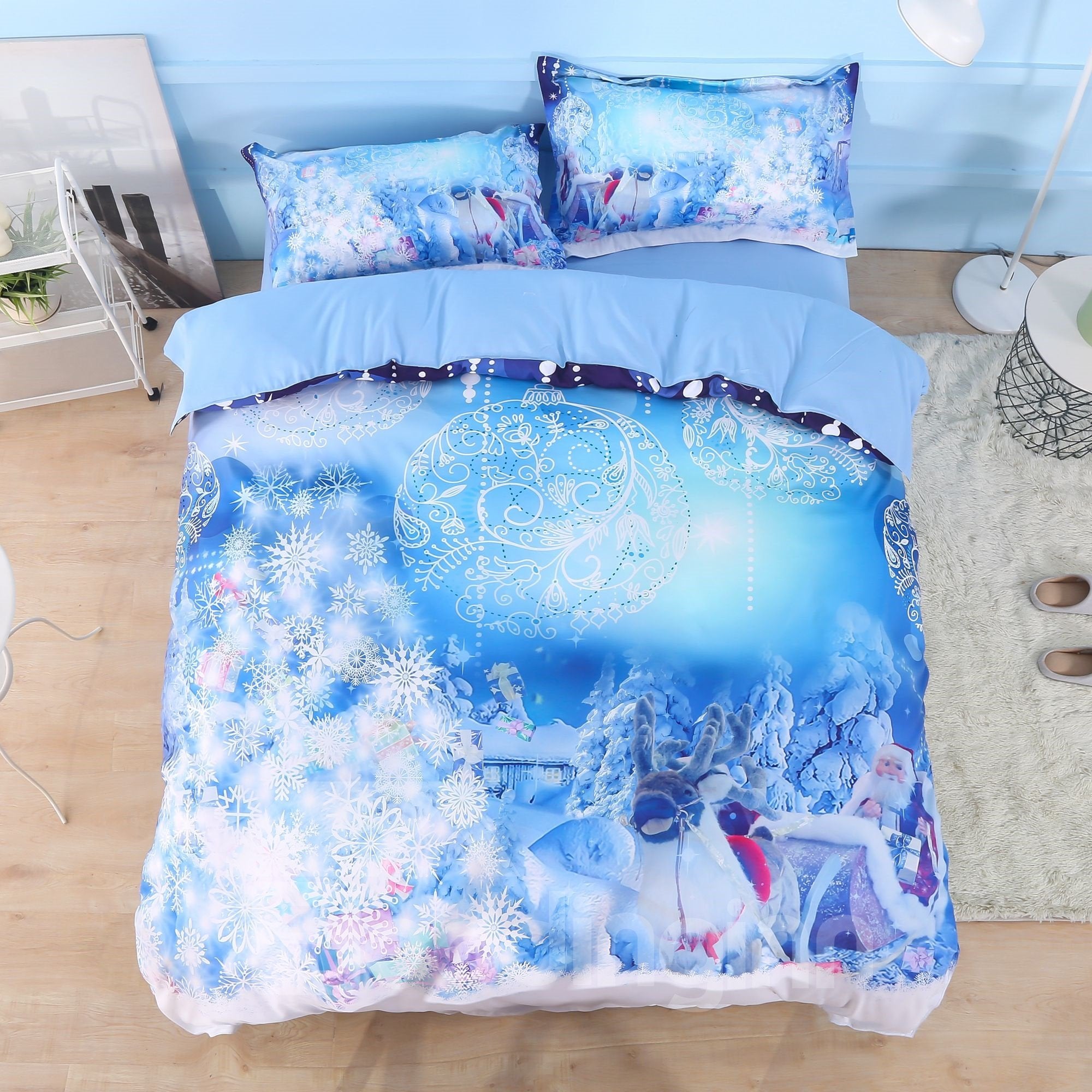 Santa Claus and Christmas Ornaments Bedding Set 3D Blue 4-Piece Duvet Cover Set Happy New Year Colorfast Wear-resistant Endurable Skin-friendly Polyester All-Season - Image 2
