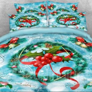 3D Blue Christmas Bedding Wreath with Red Berries Printed 4-Piece Duvet Cover Set Colorfast Wear-resistant Endurable Skin-friendly Ultra-soft No-fading Microfiber