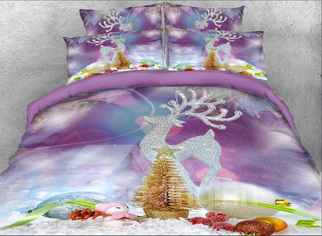 3D Christmas Ornaments Reindeer Printed 4-Piece Bedding Set/Duvet Cover Set Microfiber Purple - Image 2