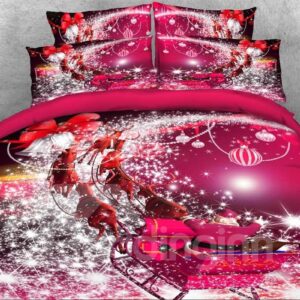 Santa Claus Riding Sleigh Printed 3D 4-Piece Red Duvet Cover Set Christmas Bedding Microfiber