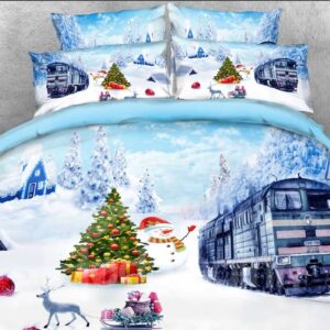 Christmas Snowman and Train 3D 4-Piece Bedding Set/Duvet Cover Set Colorfast Wear-resistant Endurable Skin-friendly All-Season Ultra-soft Microfiber No-fading Blue