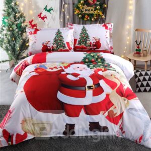 US Only Santa and Christmas Tree Printed Polyester 4-Piece 3D White Bedding Sets/Duvet Covers Colorfast Wear-resistant Endurable Skin-friendly All-Season
