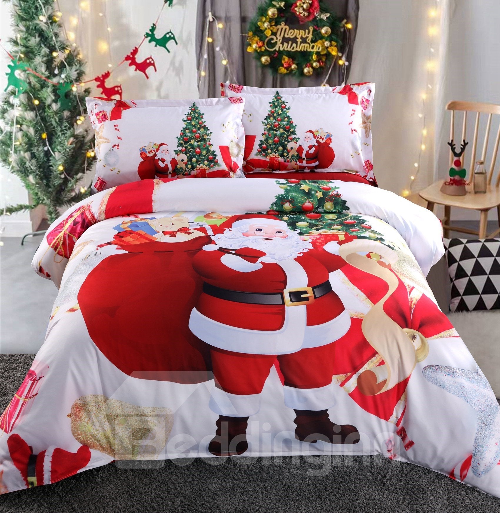 US Only Santa and Christmas Tree Printed Polyester 4-Piece 3D White Bedding Sets/Duvet Covers Colorfast Wear-resistant Endurable Skin-friendly All-Season