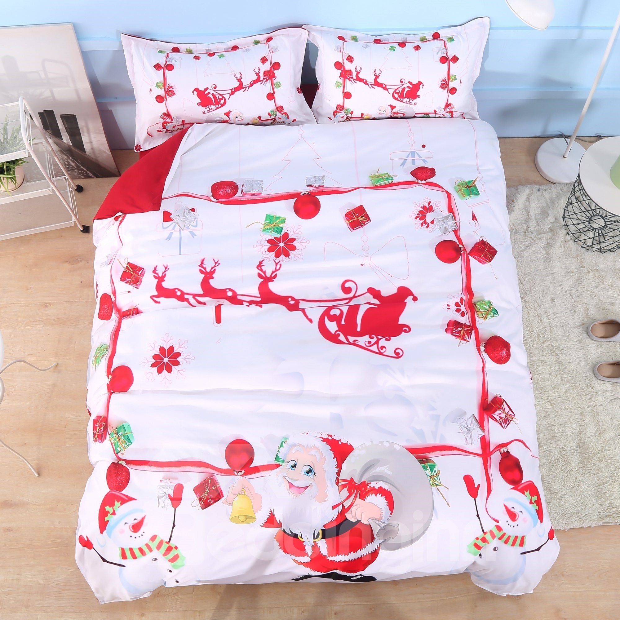 Santa Claus and Snowman 3D 4Pcs White Bedding Duvet Cover Set with Zipper Ties Microfiber - Image 2