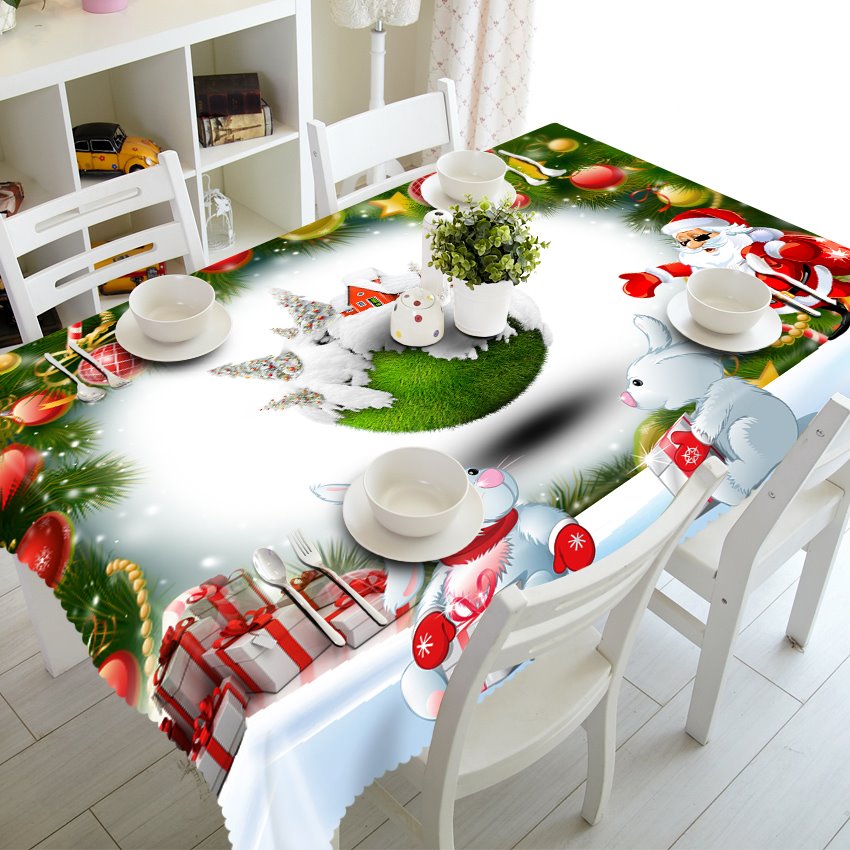 3D Cute Rabbits and Christmas Gifts Printed Festival Scenery Oil-Proof and Durable Table Cloth - Image 5