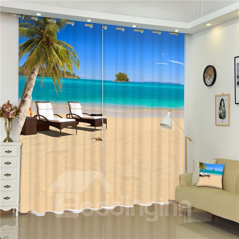 3D Beach and Leisure Chairs Printed Beautiful Sea Scenery 2 Panels Shading Curtain - Image 8