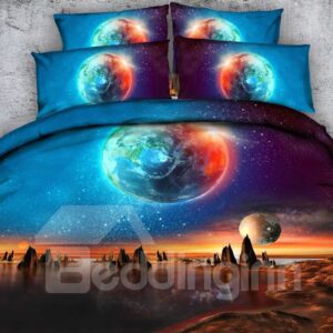 Galaxy and the Earth Printed Polyester 4-Piece 3D Bedding Sets/Duvet Covers