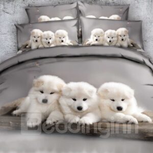 White Puppies and Lighthouse Printed Polyester 4-Piece 3D Bedding Sets/Duvet Covers