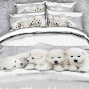 3D White Puppies Printed Polyester 4-Piece Bedding Sets/Duvet Covers