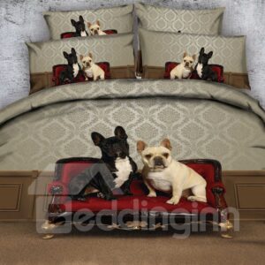 3D Bulldogs Sitting on a Sofa Printed 4-Piece Bedding Sets/Duvet Covers