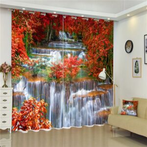 Red Leaves and Flowing River Printed Wonderful Autumn Style 2 Panels Custom 3D Curtain