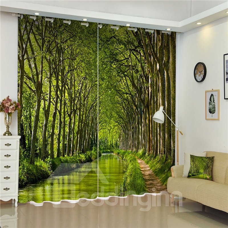 3D Green Towering Trees and Small Road Printed Thick Polyester Wonderful Scenery Bed Room Curtains - Image 6