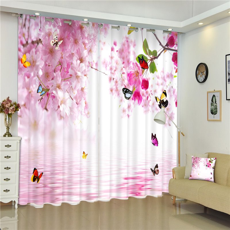Flying Butterflies and Pink Peach Flowers Sweet Style Living Room and Bed Room 3D Curtain - Image 4