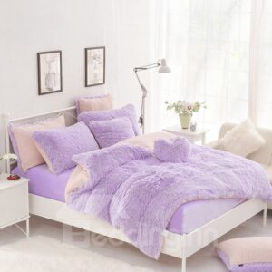 Solid Purple and Pink Color Blocking Fluffy 4-Piece Bedding Sets/Duvet Cover