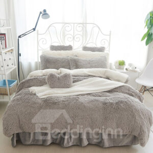Fluffy Solid Gray and White Color Blocking 4-Bedding Sets/Duvet Cover