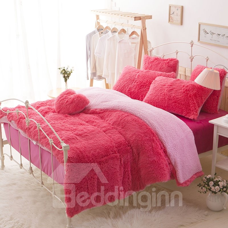 Solid Red and Pink Color Blocking Super Fluffy 4-Piece Bedding Sets/Duvet Cover - Image 2