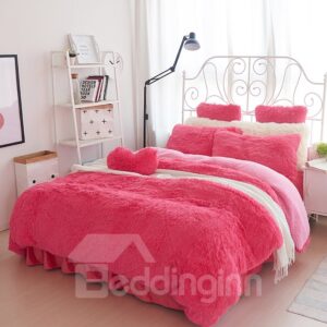 Solid Red and Pink Color Blocking Fluffy 4-Piece Bedding Sets/Duvet Cover